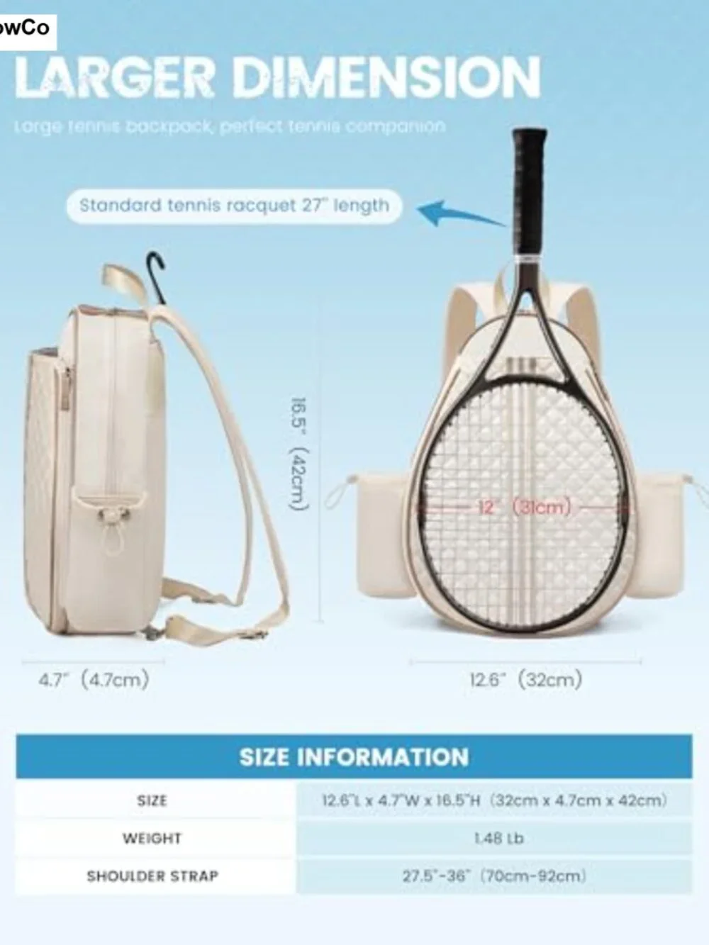 Quilted Tennis Racket Backpack Water-Resistant Polyester with Wet Compartment